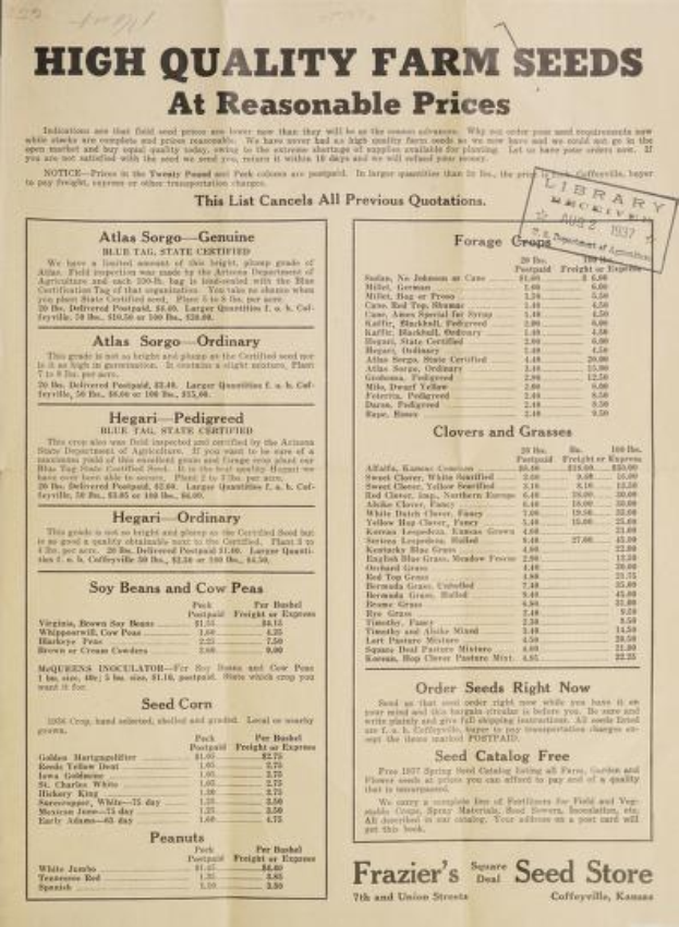 Altes Buch mit Liste hochwertiger Farm-Samen zu vernünftigen Preisen von Frazier's Seed Store in Coffeyville, Kansas, 1927.