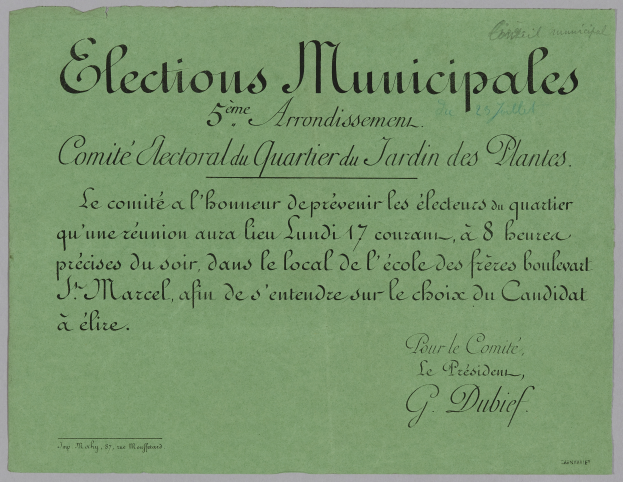 Ein grünes Blatt mit der Aufschrift 'Elections municipales' auf weißem Hintergrund.