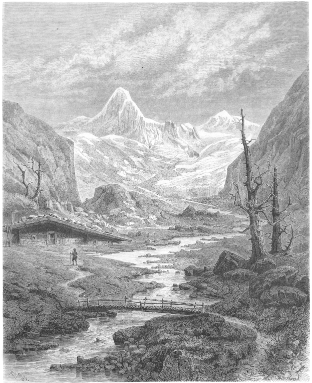 Schwarze und weiße Gravur einer Gebirgslandschaft mit einem Fluss, einer Brücke, einer Person, Bäumen, Hügeln und einem wolkenverhangenen Himmel, unten mit der Beschriftung "Albert Bierstadt - Schweizer Alpen".