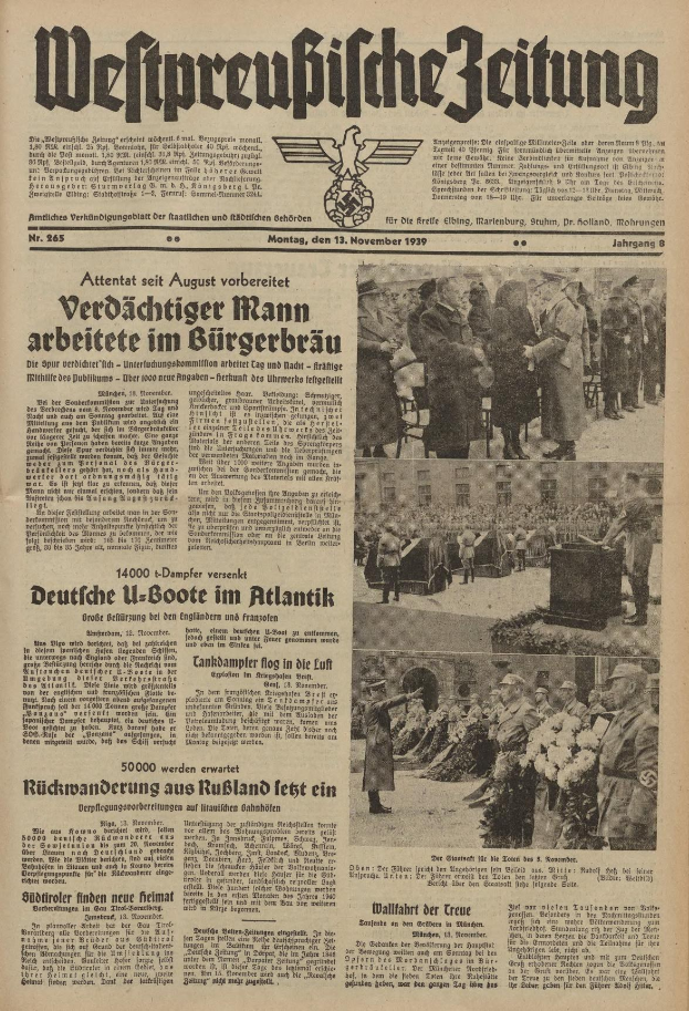 Titelseite der deutschen Zeitung 'Weitpreubliche Zeitung' vom 13. November 1939 mit einer Gruppe von Menschen in traditioneller deutscher Kleidung in einer feierlichen Atmosphäre.