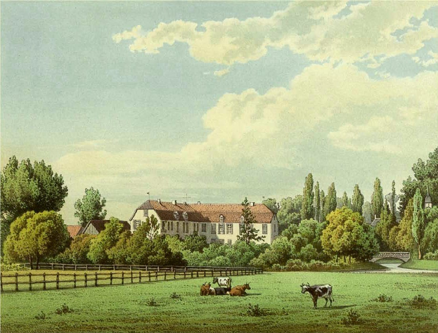 Gemälde von Kühen auf einer Weide mit einem Holzzaun, Bäumen, Gebäuden, einer Brücke und einem bewölkten Himmel, mit der Aufschrift "Kühe auf der Weide in Wiesbaden, Deutschland" unten.