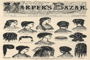 Schwarz-weiß-Kollage von Harper's Bazaar-Hairstyling-Illustrationen mit begleitendem Text auf altem Papier.