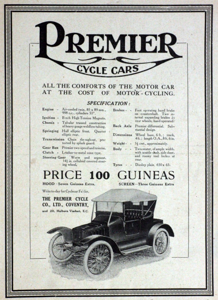 Werbung für Premier Cycle Cars mit einem klassischen schwarzen Auto mit schlankem Design und mutigen weißen Text.