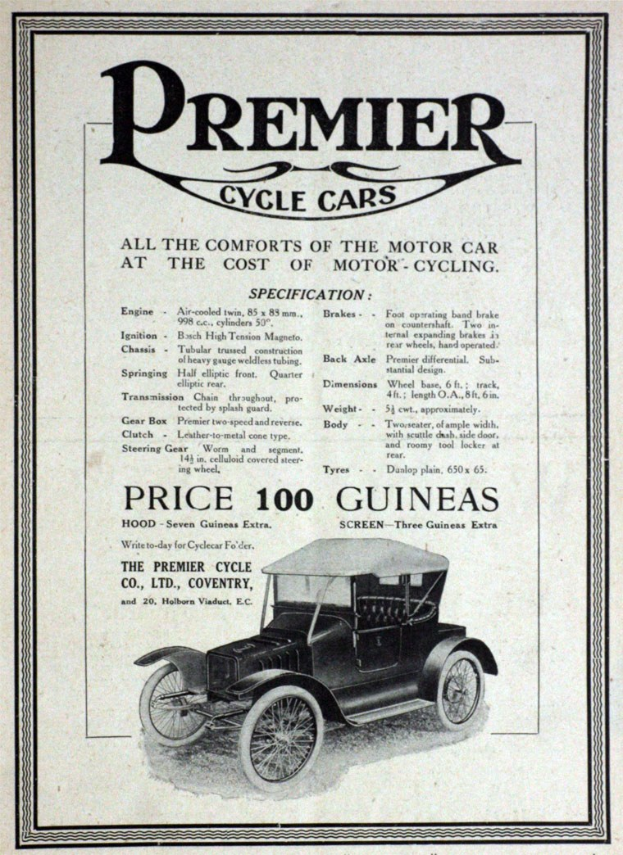 Werbung für Premier Cycle Cars mit einem klassischen schwarzen Auto mit schlankem Design und mutigen weißen Text.
