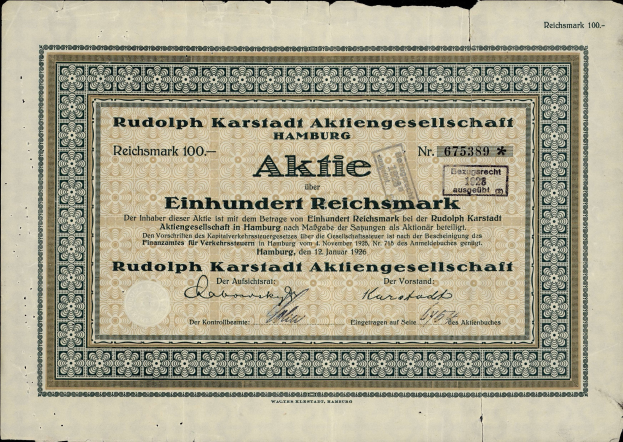Alte deutsche Banknote mit schwarzem Hintergrund und Text 'Rudolph Karlstadt Aktiengesellschaft Hamburg'.