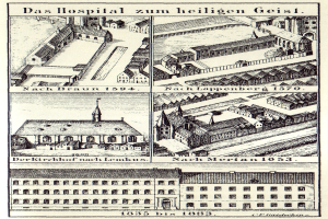 Eine detaillierte Plakatillustration eines deutschen Krankenhauskomplexes mit beschrifteten Gebäuden, Fenstern, Türen und Balkonen, begleitet von informativem Text.