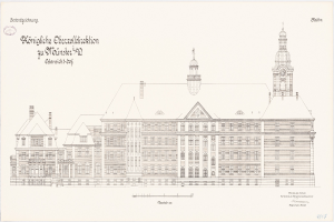 Detaillierter architektonischerBlueprint-Entwurf des Schlosshofs in München, Deutschland, mit einem prominenten Uhrenturm, Fenstern, Türen und begleitendem historischen Text.