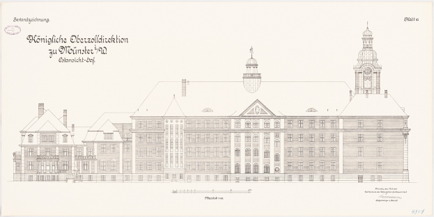 Detaillierter architektonischerBlueprint-Entwurf des Schlosshofs in München, Deutschland, mit einem prominenten Uhrenturm, Fenstern, Türen und begleitendem historischen Text.