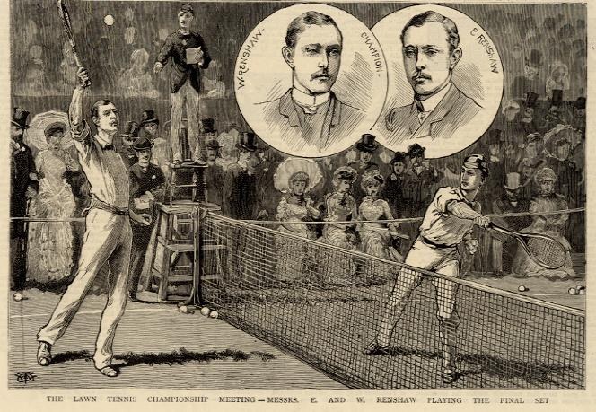 Schwarze und weiße Zeichnung von zwei Männern, die Tennis in einem Endspiel spielen, mit Zuschauern im Hintergrund und Text unten, der lautet: "The Lawn Tennis Championship Meeting - Messers, E und W Renshaw spielen das entscheidende Spiel."