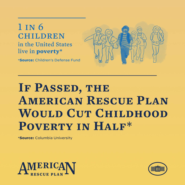 Plakat für den American Rescue Plan mit Text, der besagt, dass er die Kindarmut halbieren würde, und einem Bild einer vielfältigen Gruppe von Menschen.