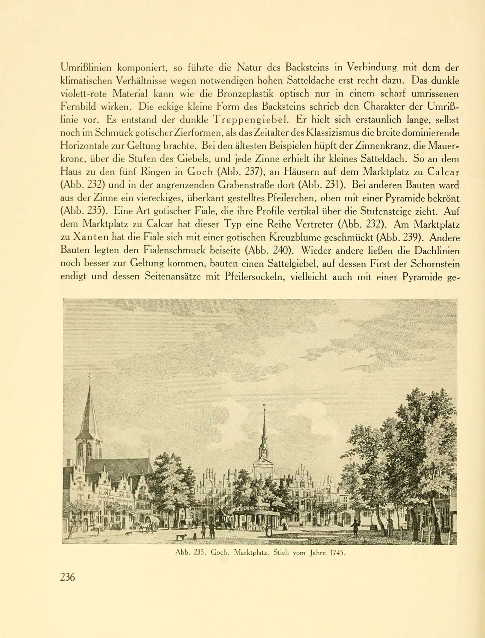 Offenes Buch mit einer Stadtansicht-Illustration mit Gebäuden, Bäumen und Menschen sowie begleitendem Text.