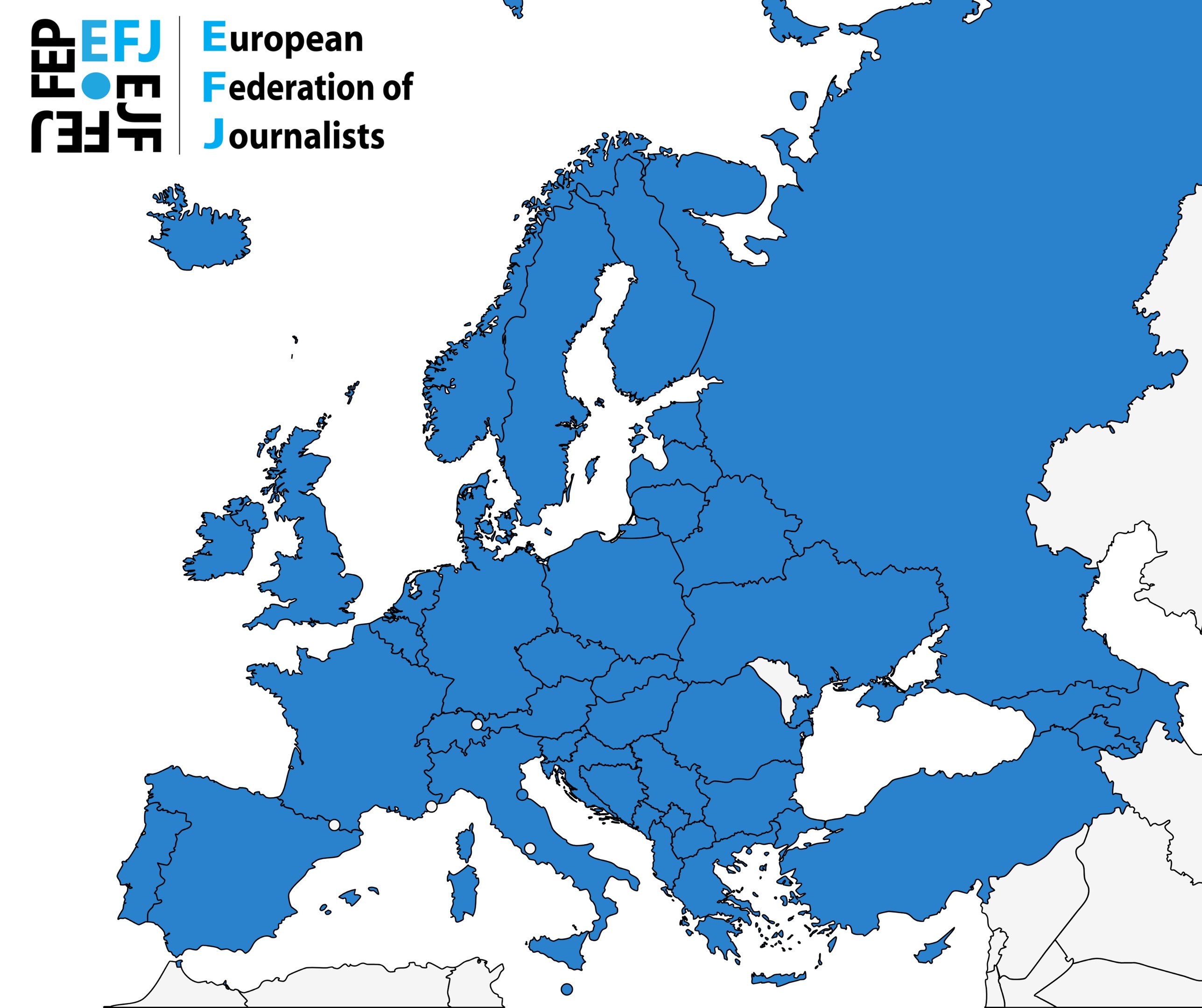 Eine Europakarte, auf der die Europäische Journalisten-Föderation (EFJ) in Blau hervorgehoben ist, mit zusätzlichen Textdetails.