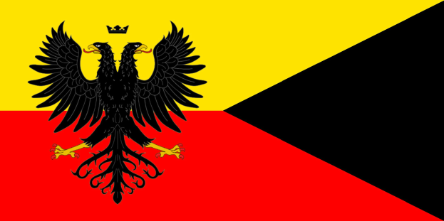 Deutsches Flagge mit drei horizontalen Streifen in Rot, Gelb und Weiß, mit einem schwarzen Doppeladler in der Mitte mit ausgebreiteten Flügeln und erhobenem Kopf.