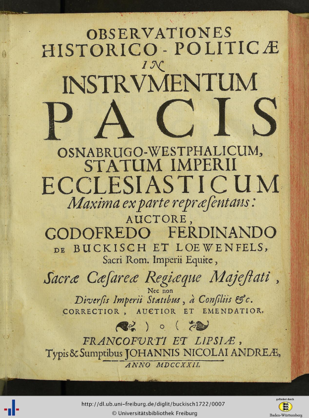 Altes Buch mit dem Titel "Beobachtungen Historico-Politica in Instrumentum Pacis" aufgeschlagen auf einer Seite mit schwarzer Tinte und einem dekorativen Rahmen.