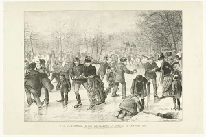 Eine Gruppe von Menschen, die auf einer Eisbahn in einem Park Schlittschuh läuft, mit Bäumen und einer Brücke im Hintergrund und Text unten, der "Het us-vermaak in het vondelpark op zondag 10 januari 1887" liest.