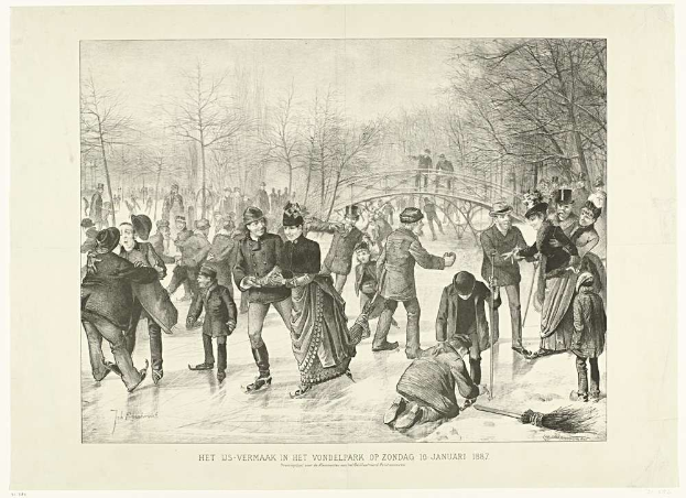 Eine Gruppe von Menschen, die auf einer Eisbahn in einem Park Schlittschuh läuft, mit Bäumen und einer Brücke im Hintergrund und Text unten, der "Het us-vermaak in het vondelpark op zondag 10 januari 1887" liest.