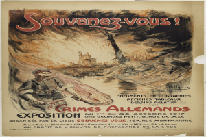 Plakat für die Ausstellung "Souvenez-vous Crimes Allemands" mit einer zentralen Figur, die ein menschliches Gesicht zeigt und begleitenden Text.