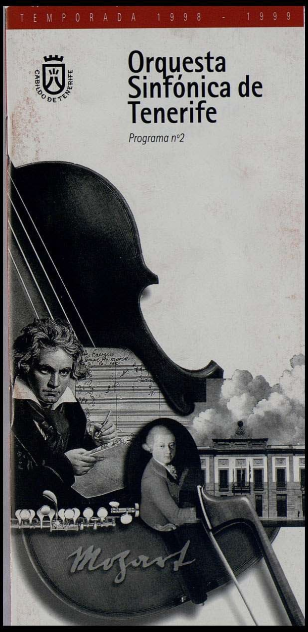 Plakat für Mozarts Symphonie Nr. 2 D-Moll, Op. 63, mit zwei Geigern im Vordergrund und einem Gebäude im Hintergrund, mit der Aufschrift "Orquesta Sinfónica de Tenerife Programa Nº 2".