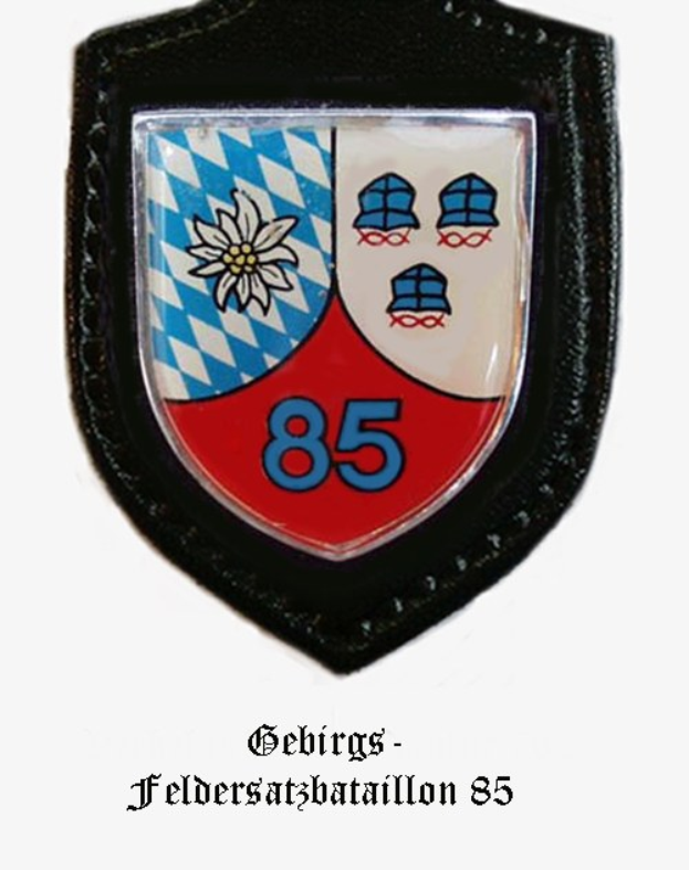 Ein Abzeichen mit der Nummer 85 und dem Logo von FC Bayern München, darunter deutscher Text.