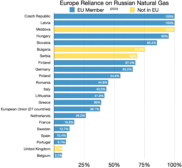 Eine Grafik, die Europas Abhängigkeit von russischem Erdgas zeigt, mit Prozentangaben und Text, der den Anteil der Investitionen im Land angibt.
