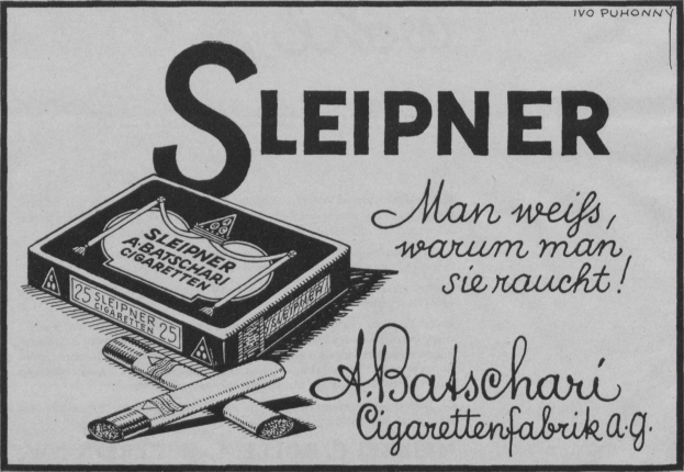 Eine Schwarz-Weiß-Anzeige mit einer Schachtel "Sleipner" Zigaretten in der Mitte, umgeben von Text.