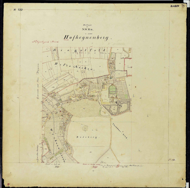 Schwarz-weiß-Karte von Hofhegenberg, Deutschland mit Straßen, Gebäuden und Sehenswürdigkeiten in Schwarz umrandet.