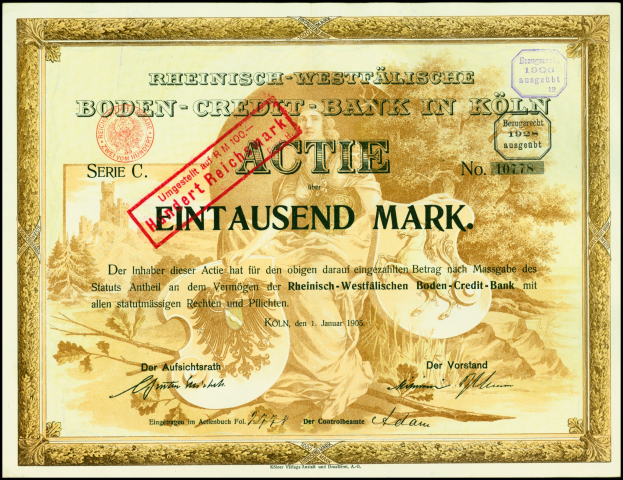 Altes deutsches Bankzertifikat mit Porträt eines Mannes in Anzug und Krawatte mit ernstem Gesichtsausdruck, begleitet von Text und Stempel.