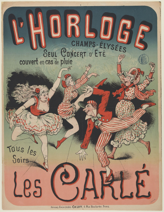 Ein farbenfrohes Konzertplakat für ein Event im Chorlage in Paris, Frankreich, mit fröhlichen Tänzern in bunten Kostümen vor einem hellgelben Hintergrund mit fetter Schrift.