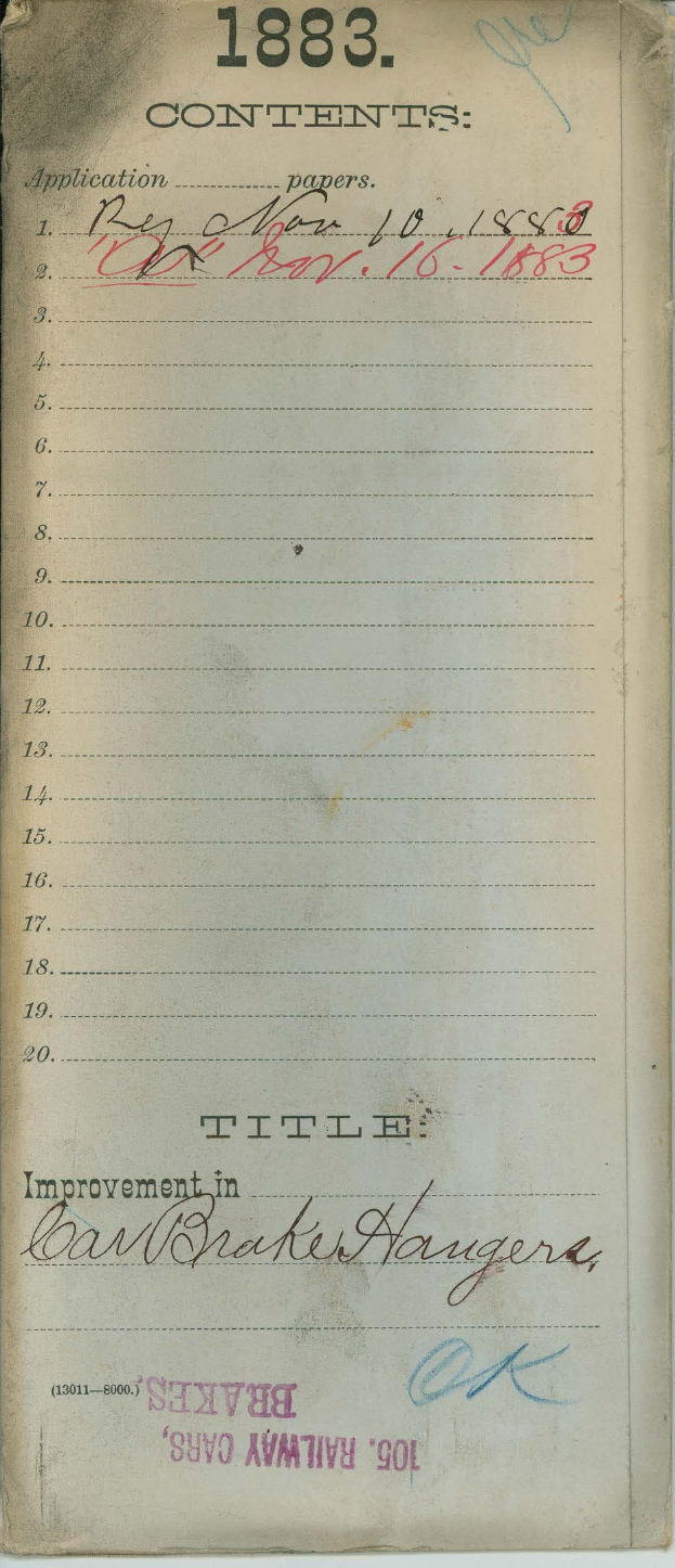 Offenes Buch mit einer 1883er-Liste von Verbesserungen für Bremser's Eisenbahnwagen.