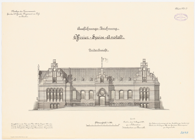 Eine Zeichnung des Hauptsaals des Deutschen Bundestages in Berlin mit einer Fahne oben und begleitendem Text.