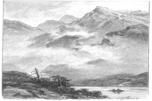 Schwarz-weiß-Etching eines Gebirgszuges mit einem See im Vordergrund, umgeben von Bäumen und Hügeln unter einem bewölkten Himmel, beschriftet mit "Alpine Lake" unten.