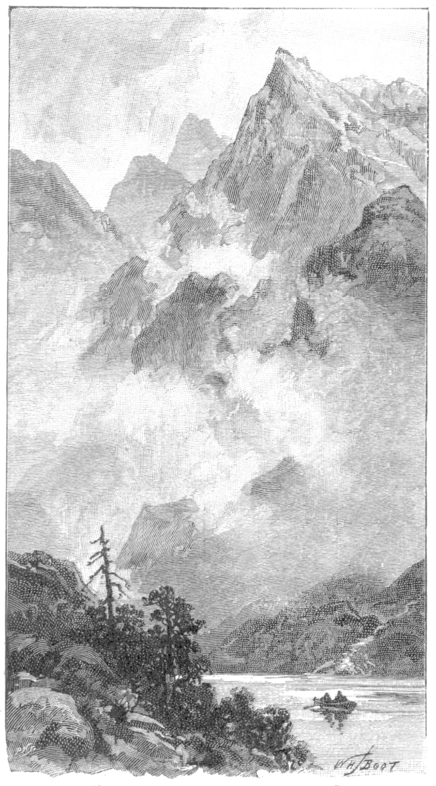 Schwarz-weiß-Etching eines Gebirgszuges mit einem See im Vordergrund, umgeben von Bäumen und Hügeln unter einem bewölkten Himmel, beschriftet mit "Alpine Lake" unten.