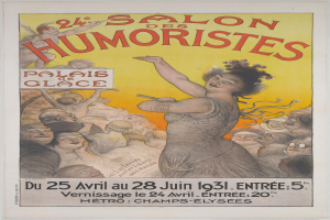 Plakat für den Salon des Humoristes in Paris, das eine Frau mit einem menschlichen Gesicht inmitten einer Menge zeigt, mit Text zur Veranstaltung.