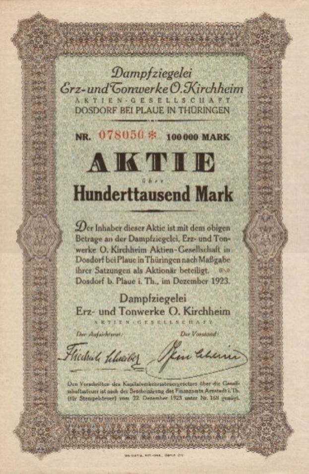 Altes deutsches Aktienzertifikat mit einem Porträt eines Mannes und bedrucktem Text, der wahrscheinlich den Ursprung der Aktie beschreibt.
