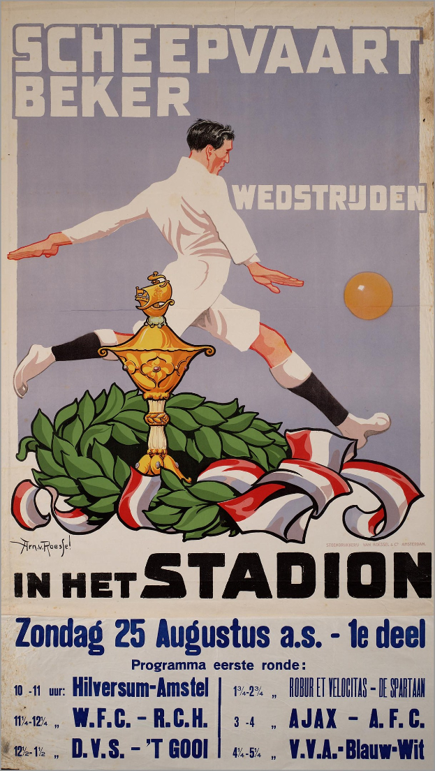 Ein Fußballplakat in den Niederlanden mit einer Person in einem weißen Trikot und Shorts mit entschlossener Miene, umgeben von grünen und gelben Blättern vor einem hellblauen Himmel, mit fetter schwarzer Schrift, die "Fußball" lautet.