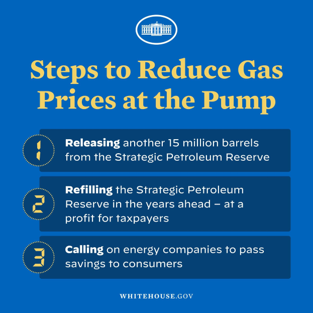 Plakat mit vier Schritten zur Verringerung der Benzinpreise mit einem blauen und weißen Logo, das eine Zapfsäule in der Mitte zeigt.