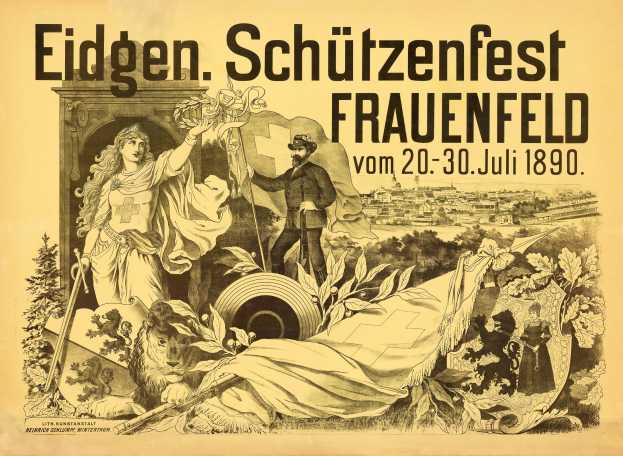 Plakat für das Eidgenössische Schützenfest in Frauenfeld, Deutschland, mit einem Mann im Anzug und einer Frau in einem Kleid, die nebeneinander stehen, und Ereignisinformationen im Text.