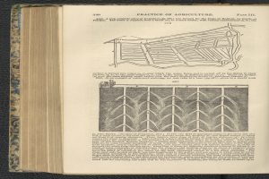 Ein aufgeschlagenes Buch mit einer Zeichnung darauf, das auf einer schwarzen Oberfläche liegt, enthält Text und Bilder über die Landwirtschaft.