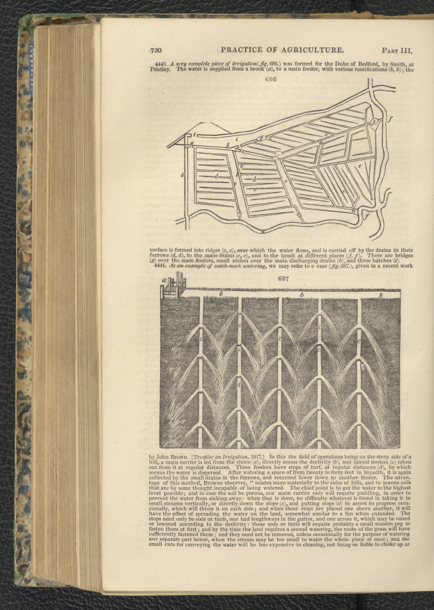 Ein aufgeschlagenes Buch mit einer Zeichnung darauf, das auf einer schwarzen Oberfläche liegt, enthält Text und Bilder über die Landwirtschaft.