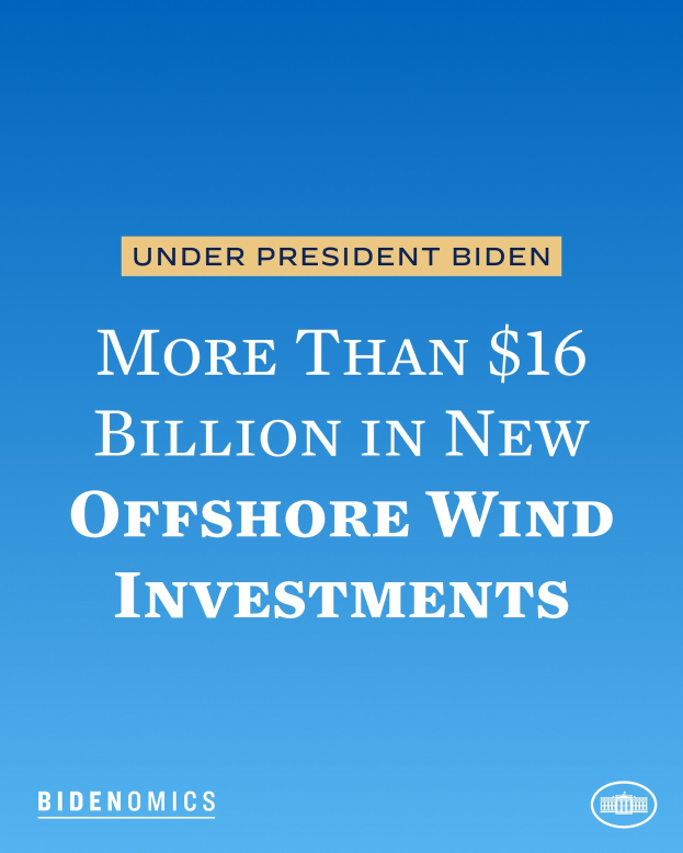 Plakat mit blauem Hintergrund und weißer Schrift, auf der steht: "Mehr als 16 Milliarden US-Dollar in neue Offshore-Wind-Investitionen unter Präsident Biden."