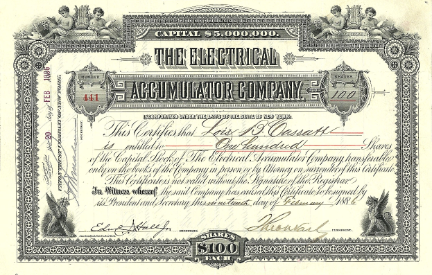 Aktienzertifikat der Electrical Accumulator Company mit detaillierten Designs und dem Firmennamen darauf.