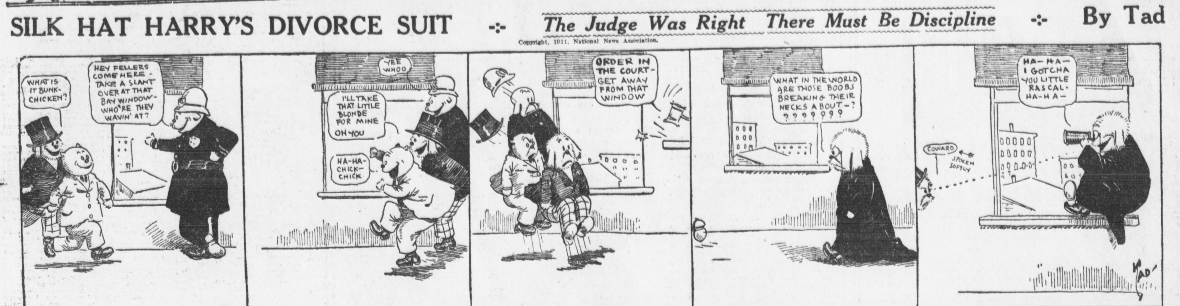 Cartoon-Illustration eines Mannes in einem schwarzen Anzug und weißem Hemd mit schwarzer Krawatte und einer Frau in einem eleganten Kleid mit schwarzem Schal, beide mit ernsten Gesichtern, beschriftet mit "Scheidungsklage."