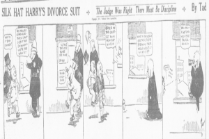 Cartoon-Illustration eines Mannes in einem schwarzen Anzug und weißem Hemd mit schwarzer Krawatte und einer Frau in einem eleganten Kleid mit schwarzem Schal, beide mit ernsten Gesichtern, beschriftet mit "Scheidungsklage."