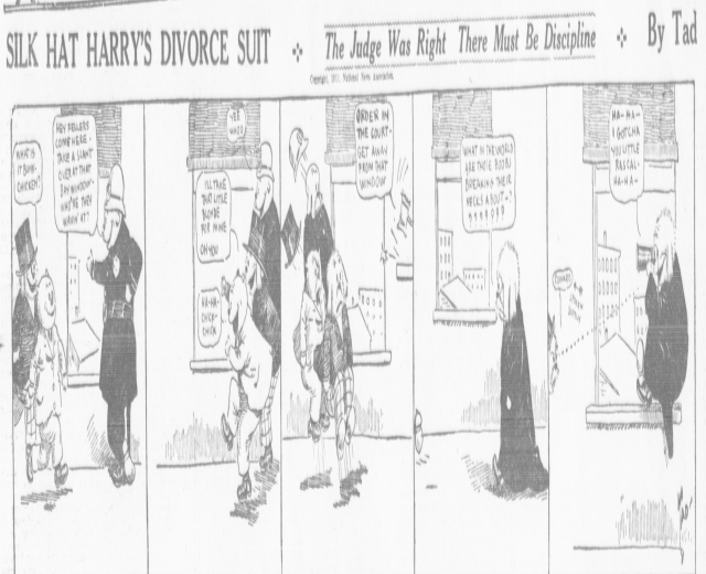 Cartoon-Illustration eines Mannes in einem schwarzen Anzug und weißem Hemd mit schwarzer Krawatte und einer Frau in einem eleganten Kleid mit schwarzem Schal, beide mit ernsten Gesichtern, beschriftet mit "Scheidungsklage."