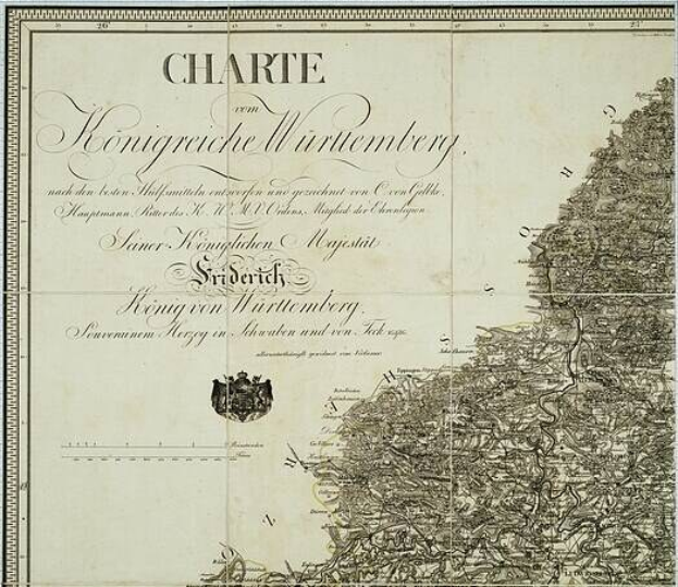 Alte Karte von Hamburg, Deutschland, mit schwarzem Rand und Text, betitelt "Königreiche Württemberg", zeigt ein geografisches Gebiet Deutschlands.