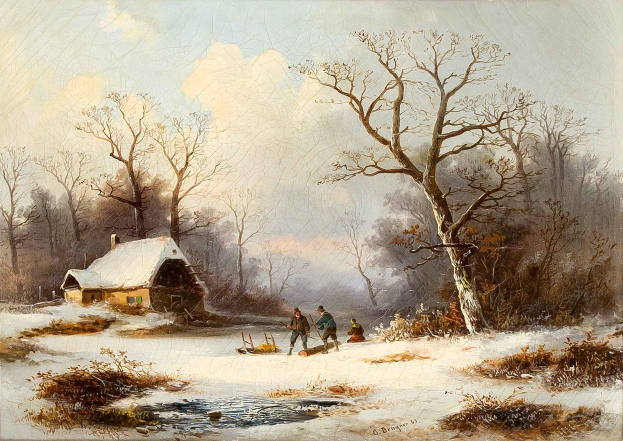Winterlandschaftsmalerei mit einem von Bäumen und Schnee umgebenen Haus, auf dem Menschen auf einem zugefrorenen See Schlittschuh laufen.