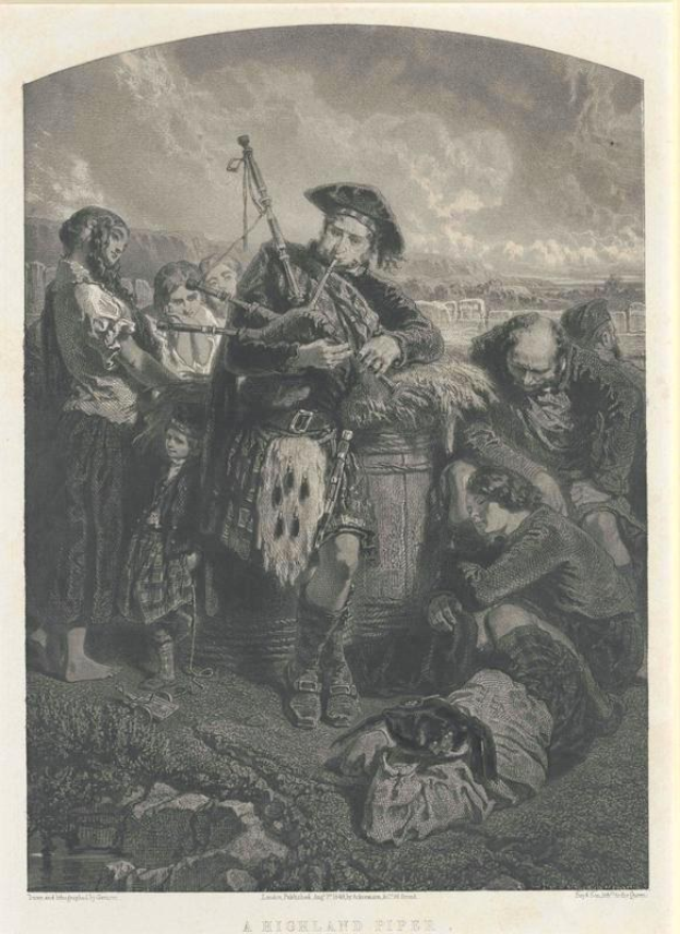 Schwarze und weiße Gravur eines Mannes, der eine Dudelsackpfeife vor einer Gruppe von Menschen spielt, mit einem bewölkten Himmel im Hintergrund, mit der Aufschrift "A Highland Pipe" unten.