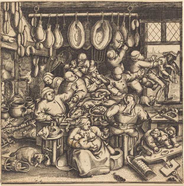 Ein schwarz-weißes Gravur von einem belebten Metzgerladen mit mehreren sitzenden und stehenden Menschen und einem Fenster auf der rechten Seite, mit verschiedenen Gegenständen im Hintergrund.